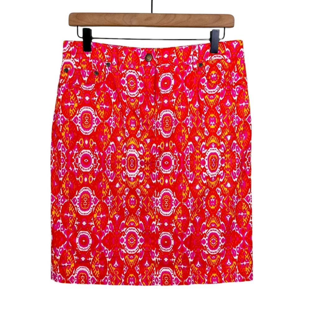Jones New York NWT Orange Hot Pink Ikat Print Soft Denim Pencil Skirt - Picture 2 of 8